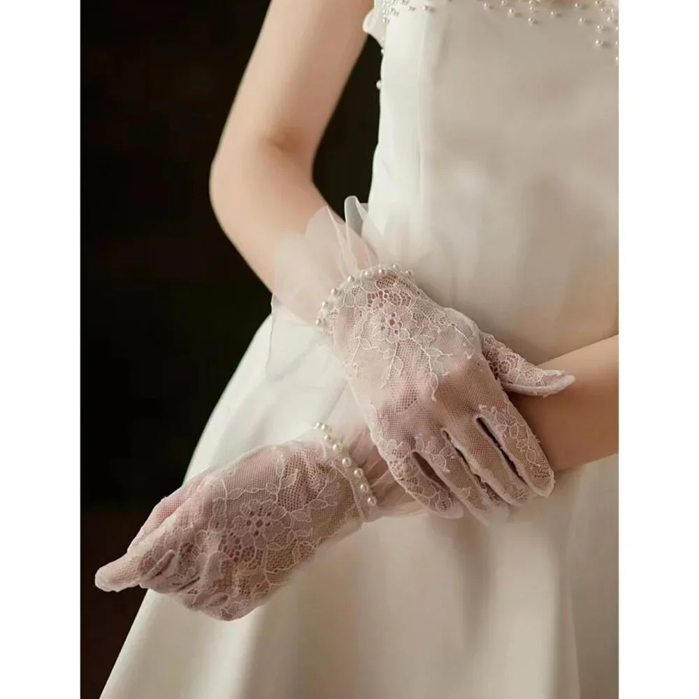 Women's White Short Pearls Lace Border Mesh Gloves Wedding Formal Party Prom